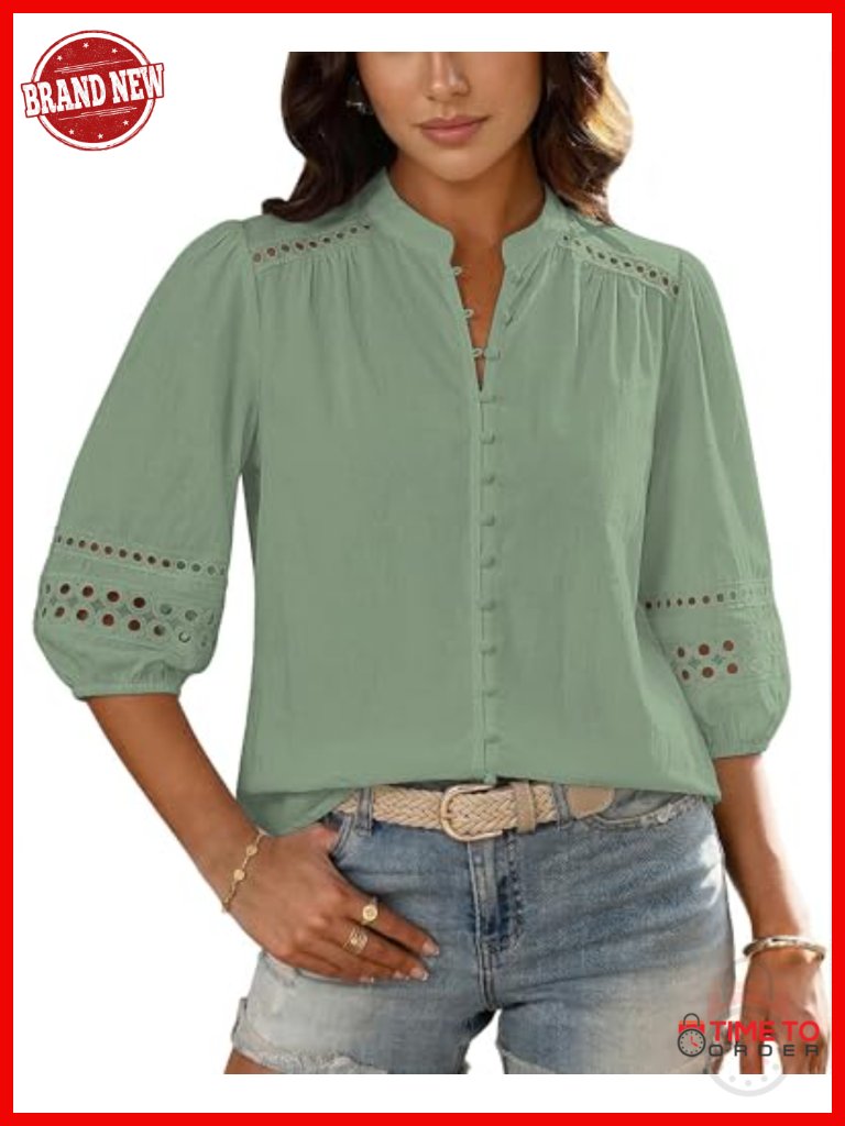 Women Button Down Blouse 3/4 Puff Sleeve Cotton Eyelet Boho Mandarin Collar